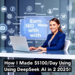 Professional woman using DeepSeek AI to build a profitable online business, earning money with AI through content creation, SEO, and social media growth.