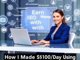 Professional woman using DeepSeek AI to build a profitable online business, earning money with AI through content creation, SEO, and social media growth.