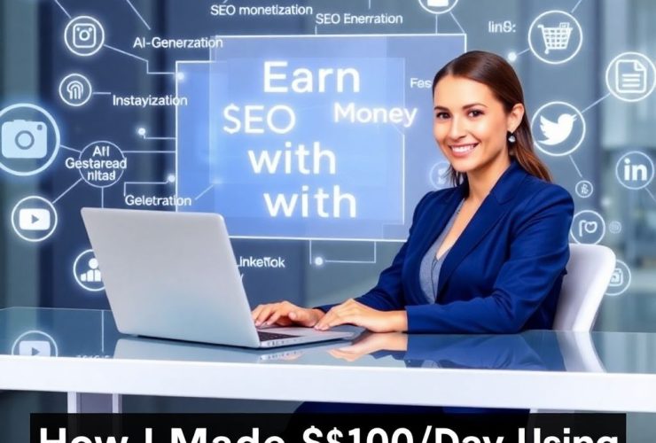 Professional woman using DeepSeek AI to build a profitable online business, earning money with AI through content creation, SEO, and social media growth.