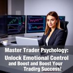 Confident woman analyzing trading charts on multiple monitors, showcasing emotional control and discipline in trading.