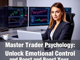 Confident woman analyzing trading charts on multiple monitors, showcasing emotional control and discipline in trading.