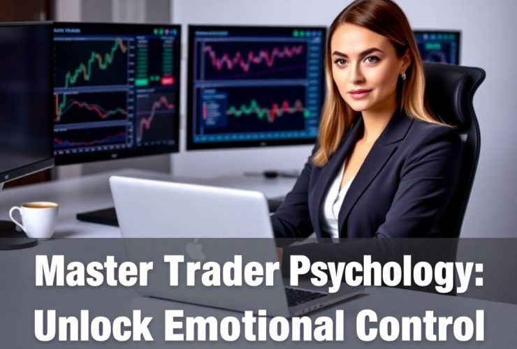 Confident woman analyzing trading charts on multiple monitors, showcasing emotional control and discipline in trading.