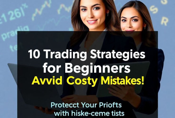 Confident woman analyzing trading charts on her laptop, with overlay text: '10 Trading Strategies for Beginners to Avoid Costly Mistakes.' Learn how to protect your profits with risk management tips.