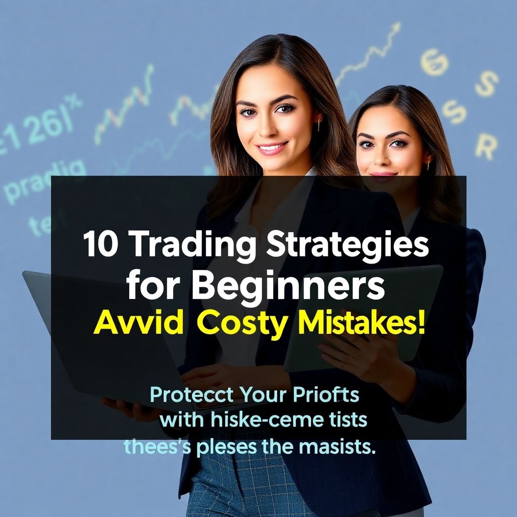 Confident woman analyzing trading charts on her laptop, with overlay text: '10 Trading Strategies for Beginners to Avoid Costly Mistakes.' Learn how to protect your profits with risk management tips.