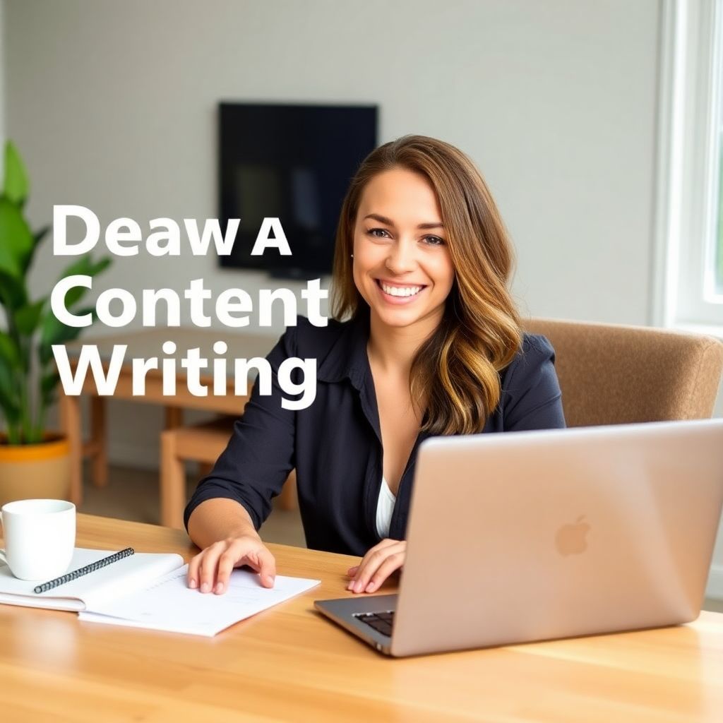 Smiling woman working on her laptop, showcasing the excitement of landing a top content writing job in 2024.